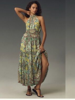 Anthropologie Somerset Maxi Dress Halter Green Multi Floral XS